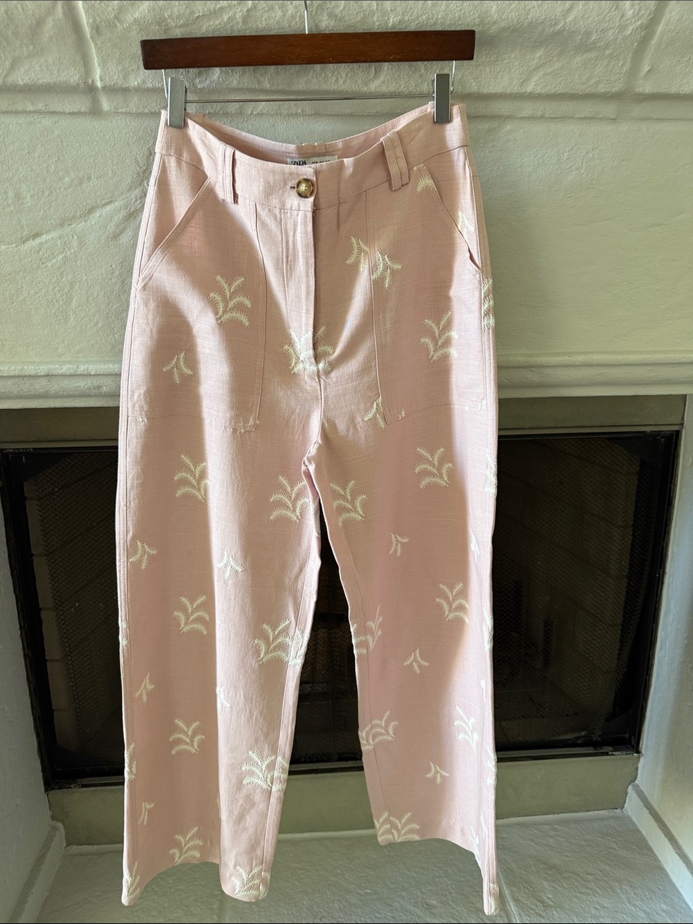 Zara Pink Wide Leg Pants with Cream Embroidered Motif
